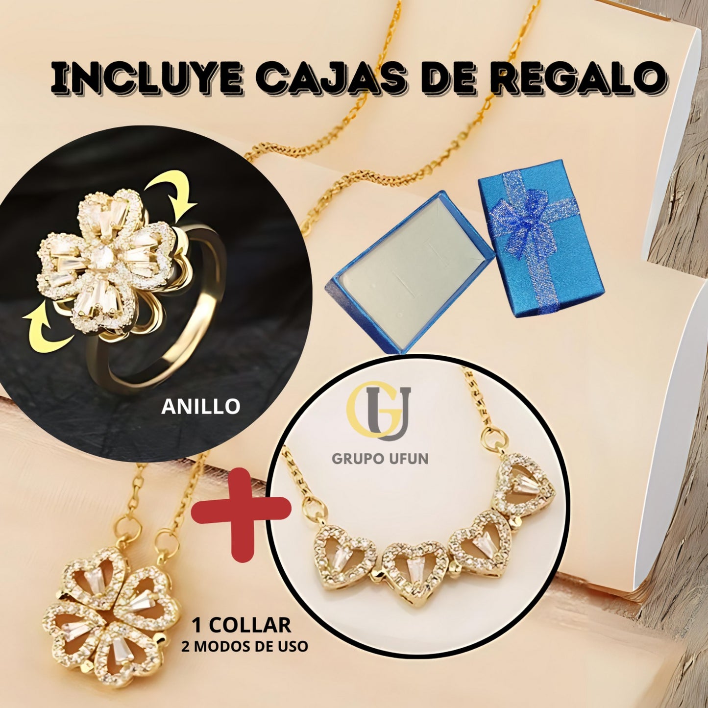 COMBO 3 en 1 - Collar trébol corazón 2 modos + Anillo trébol de REGALO